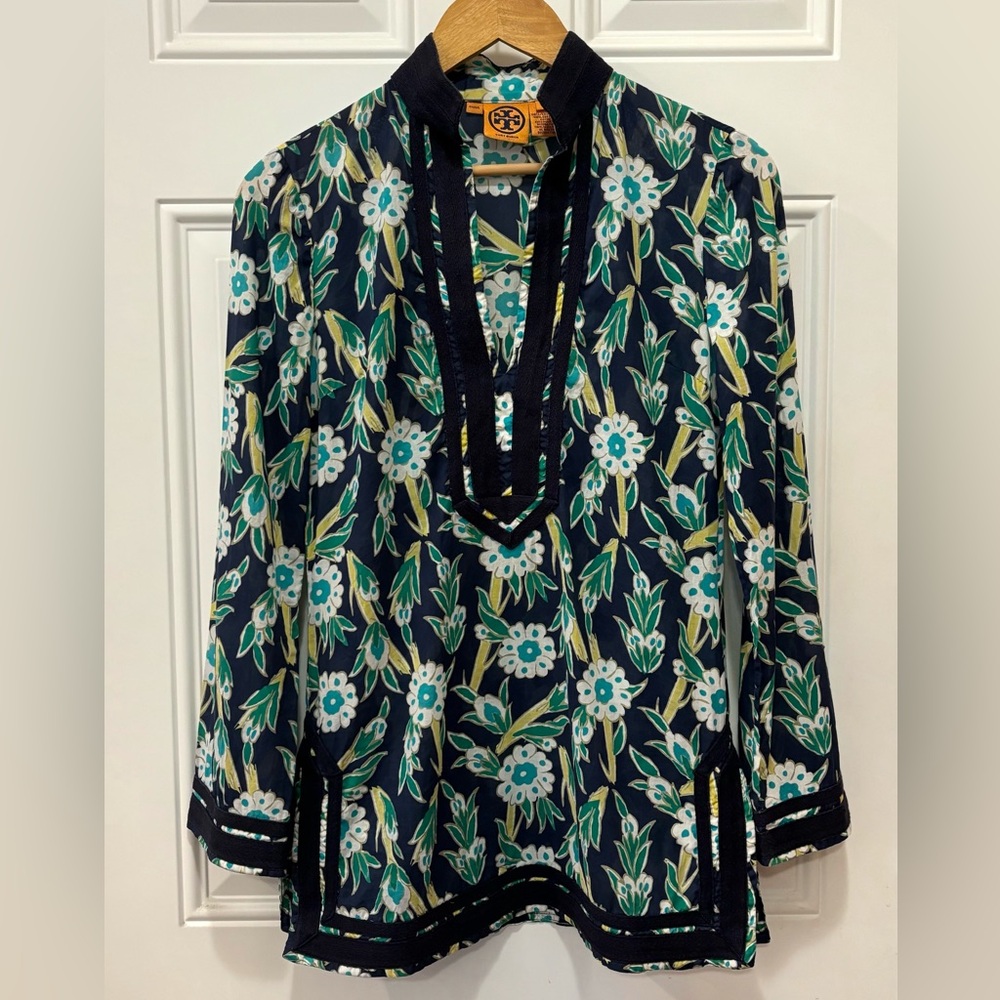 Tory Burch Boho Floral Green/Blue/Yellow Long Sleeve Tunic Top Cover Up Size 2